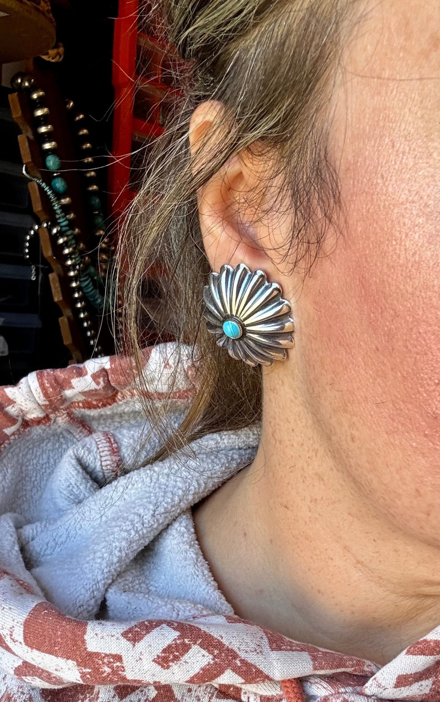 Large Sterling Silver Concho Earrings with Kingman Turquoise – Made in the USA
