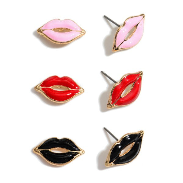 Pink and Red Lips 3 Piece Earring Set
