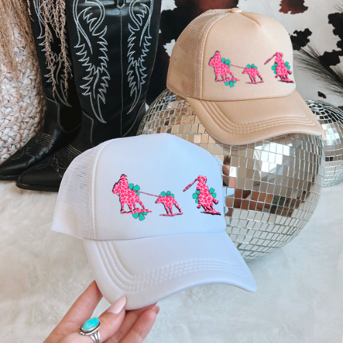 Pink cheetah team roper western trucker hat