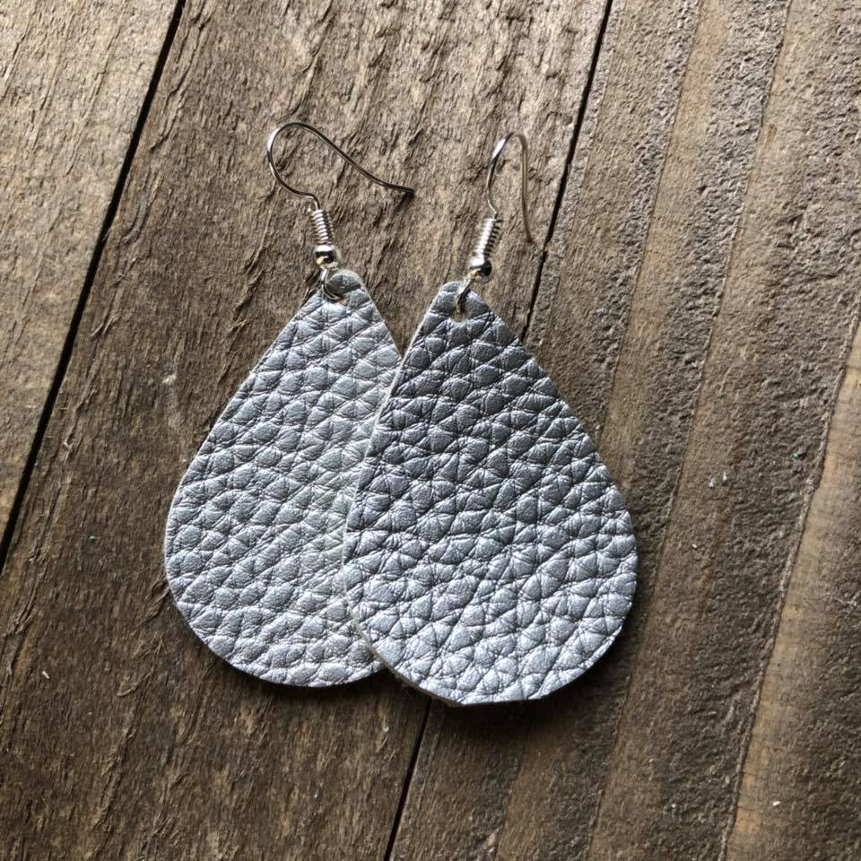 Silver Leather Teardrop Earrings