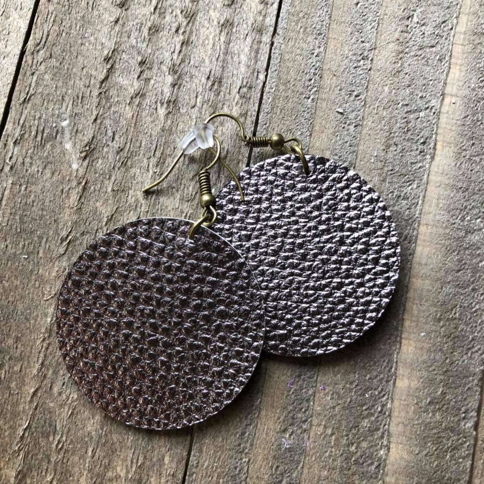 Metallic Dark Gold Purple Leather Round Earrings