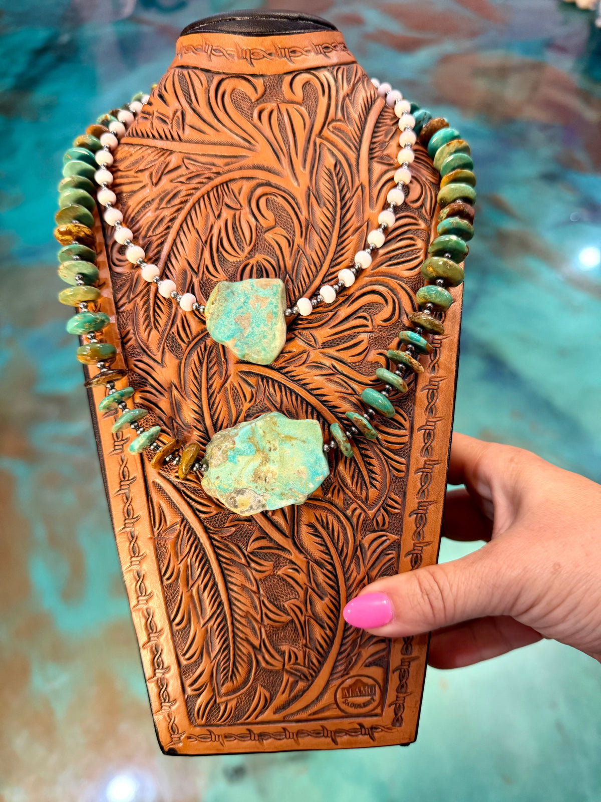 One Time Pieces – Pink Conch & Green Turquoise Necklaces