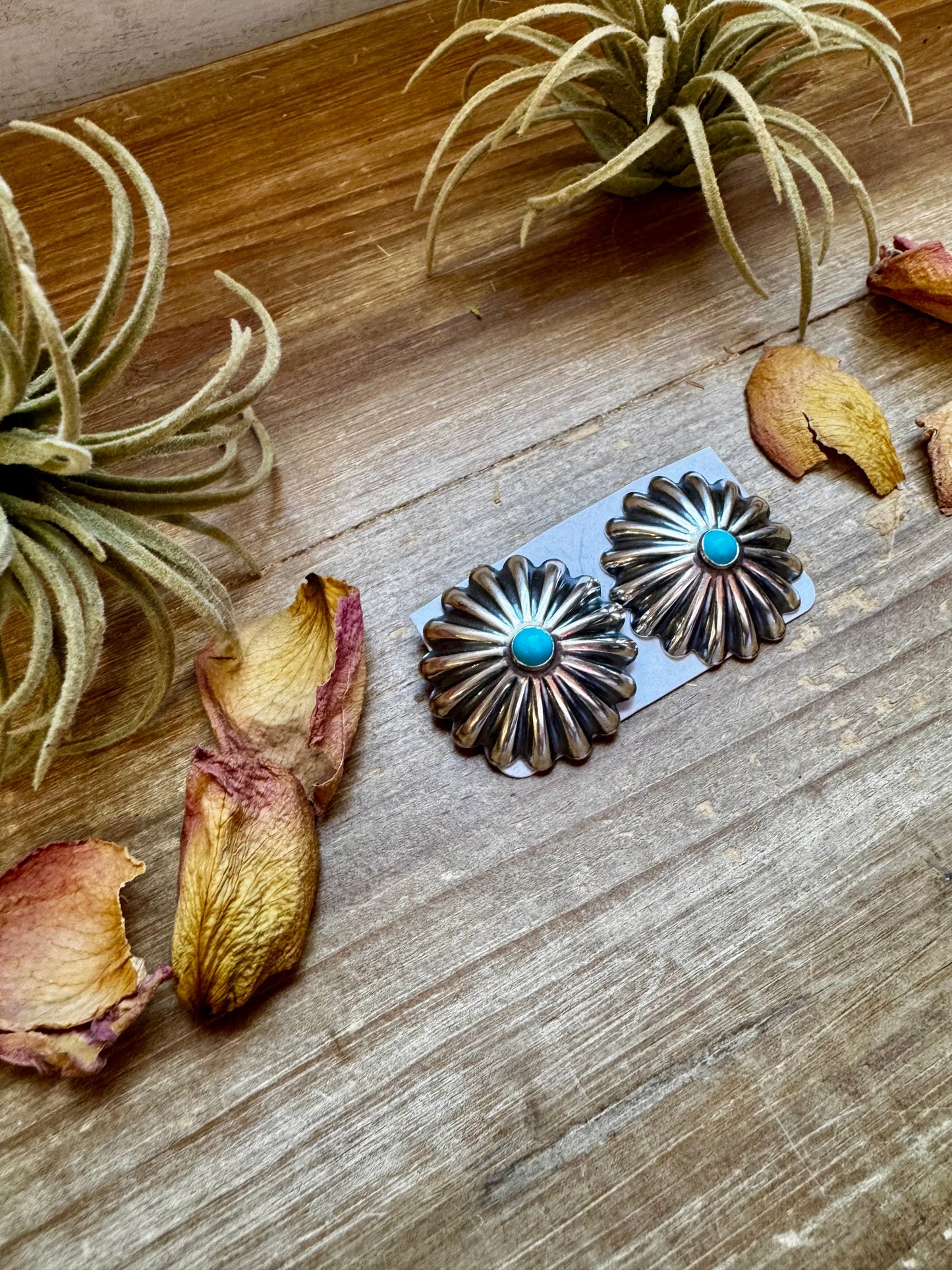 Large Sterling Silver Concho Earrings with Kingman Turquoise – Made in the USA