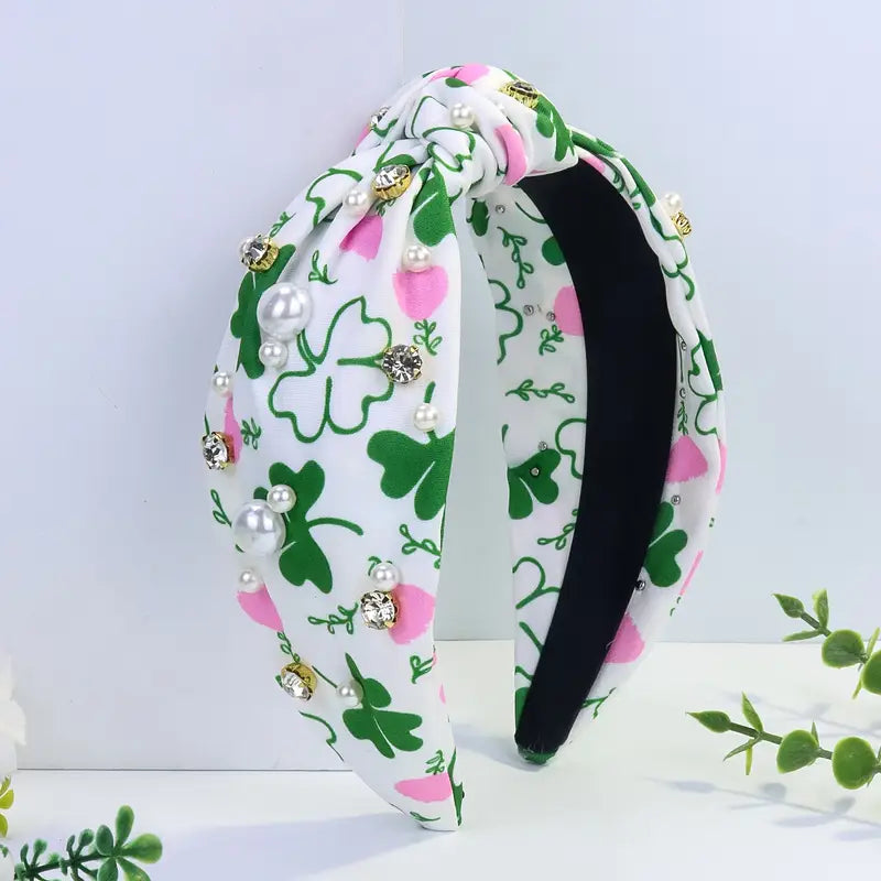 Green + Pink Shamrock St Patricks Day Headband Faux Pearls
