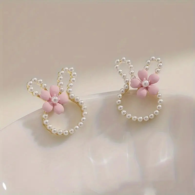Pink Pearl Easter Bunny Stud Earrings