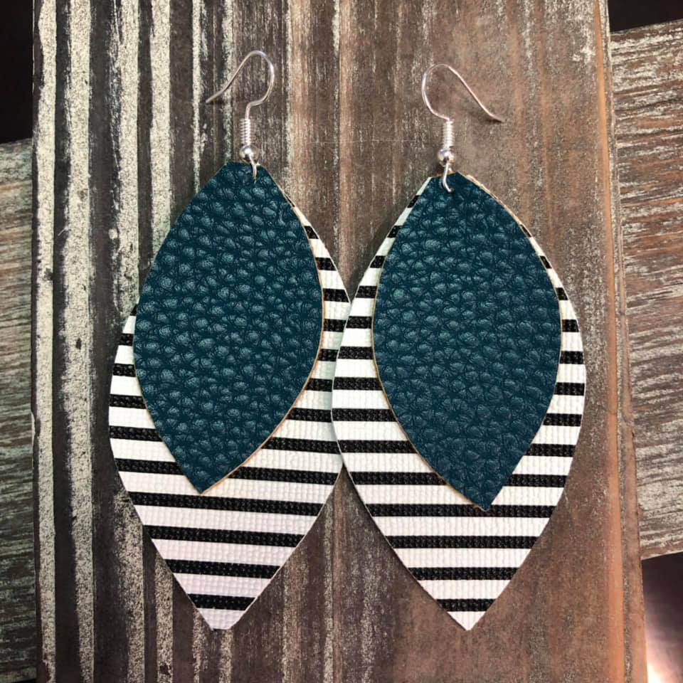 Dark Aqua Stripe Faux Leather Hang Earrings