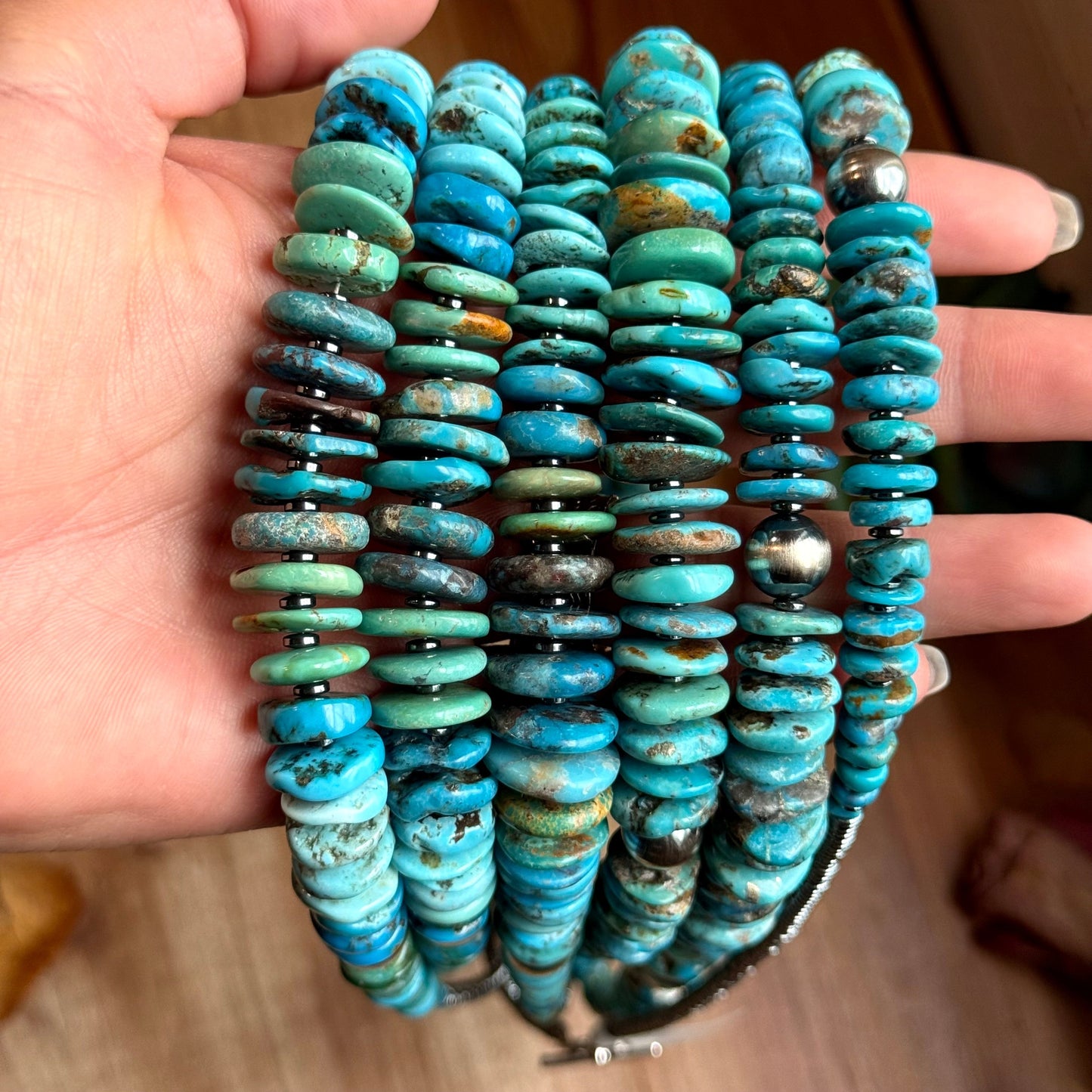 Dark Blue Turquoise Graduated Necklace with Hematite & Sterling Silver Accents – 23”