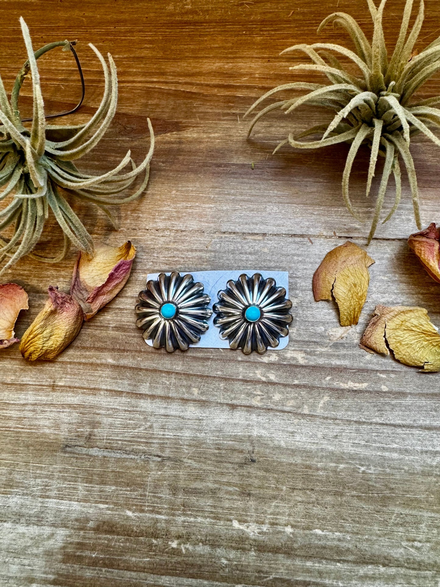 Large Sterling Silver Concho Earrings with Kingman Turquoise – Made in the USA