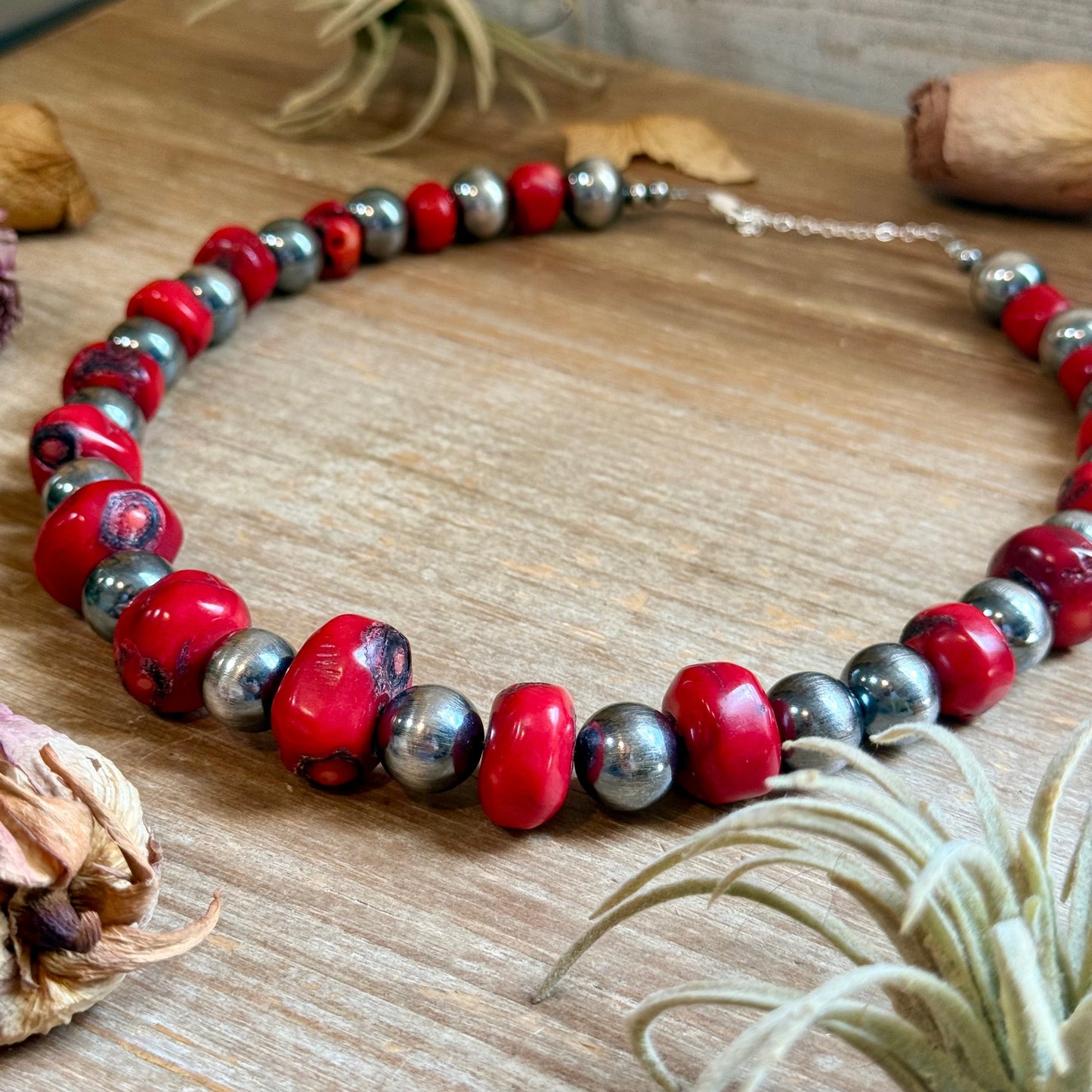 Graduated Dyed Red Coral & Sterling Silver Pearl Necklace
