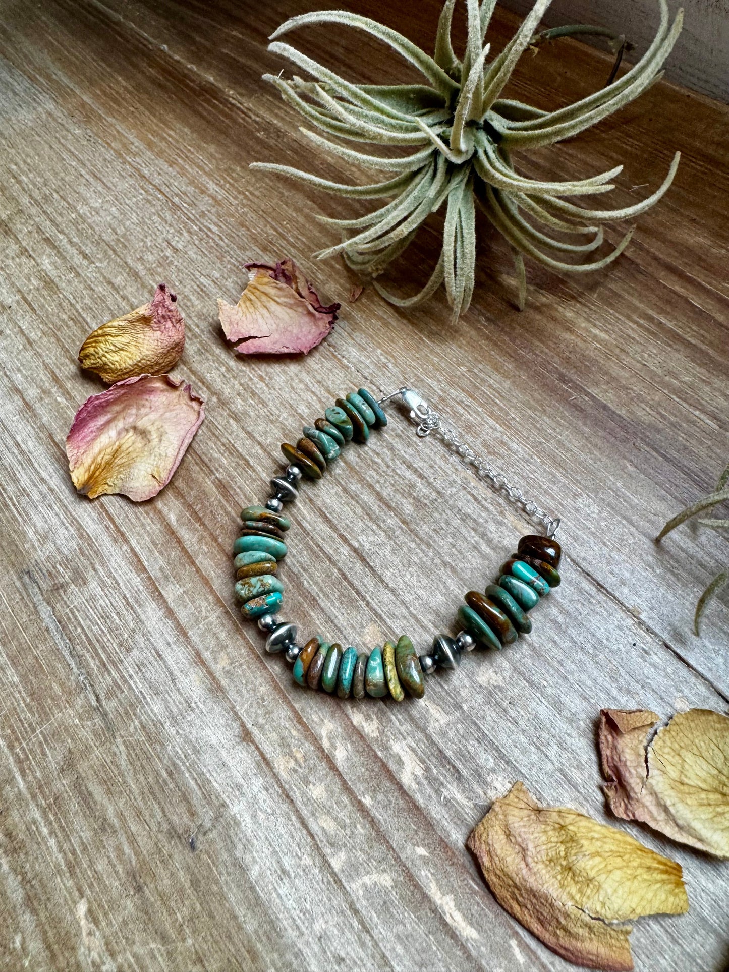 Green Turquoise Chip Bracelet with Sterling Silver Saucers & Chain