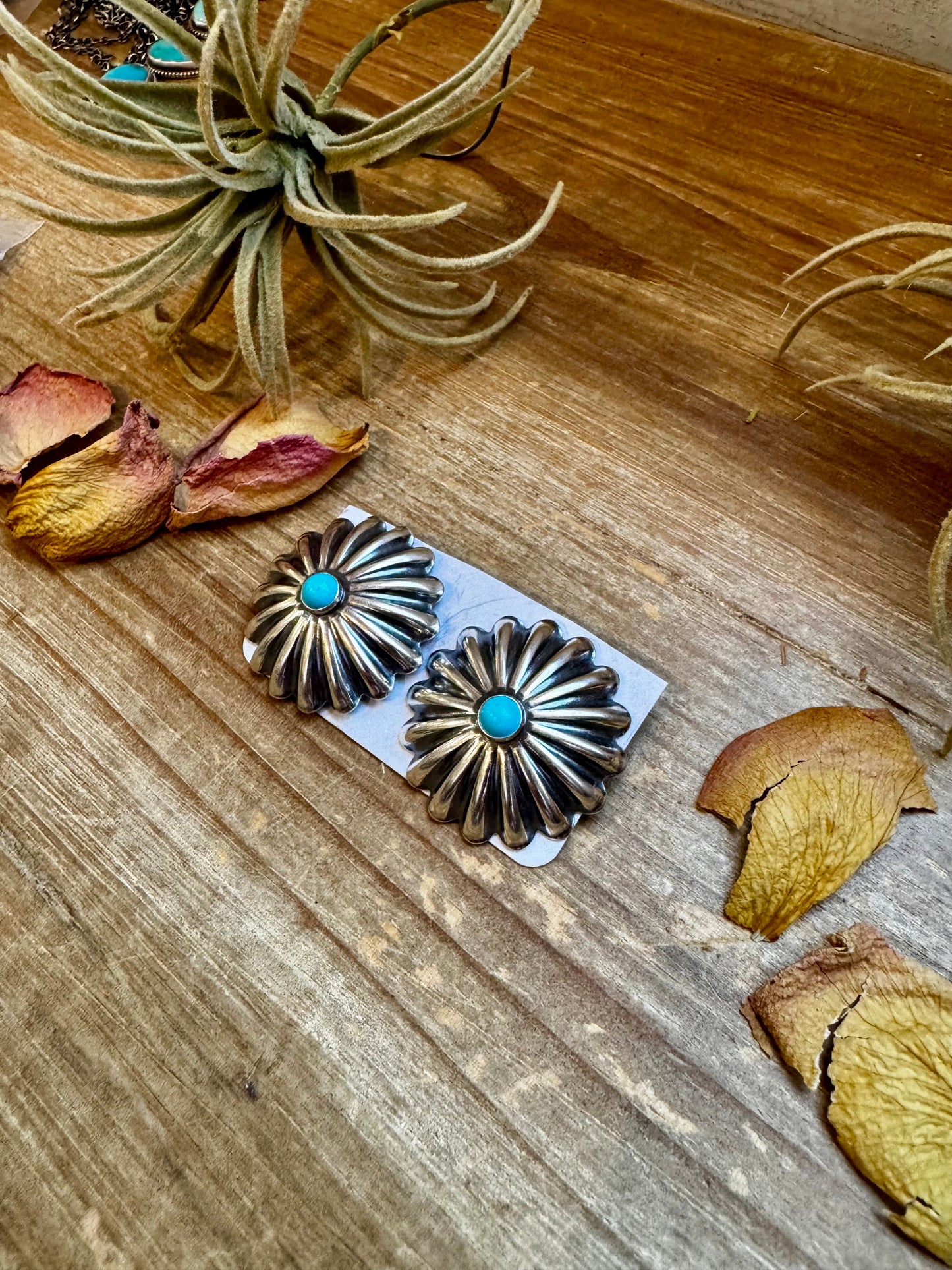 Large Sterling Silver Concho Earrings with Kingman Turquoise – Made in the USA