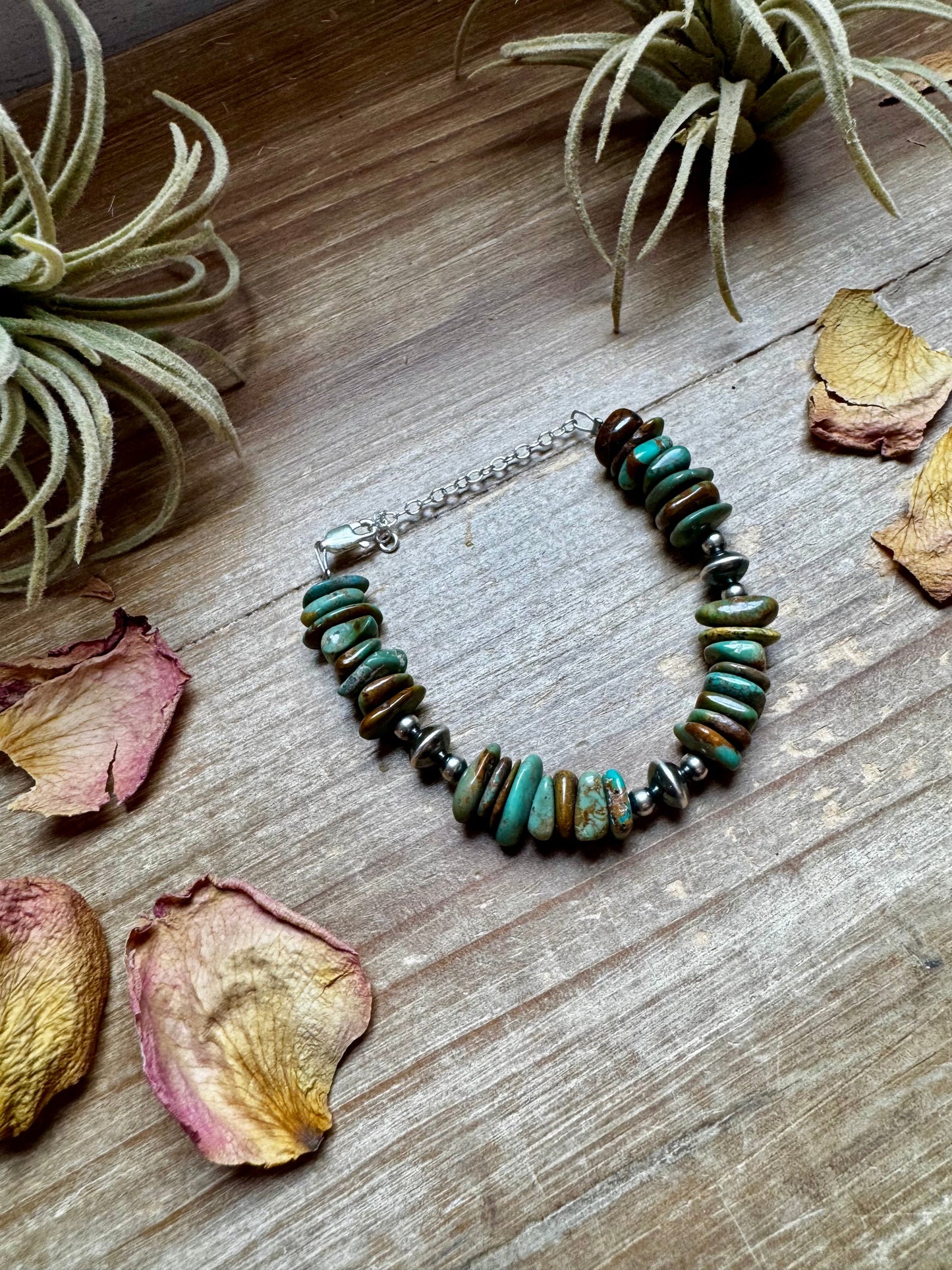 Green Turquoise Chip Bracelet with Sterling Silver Saucers & Chain