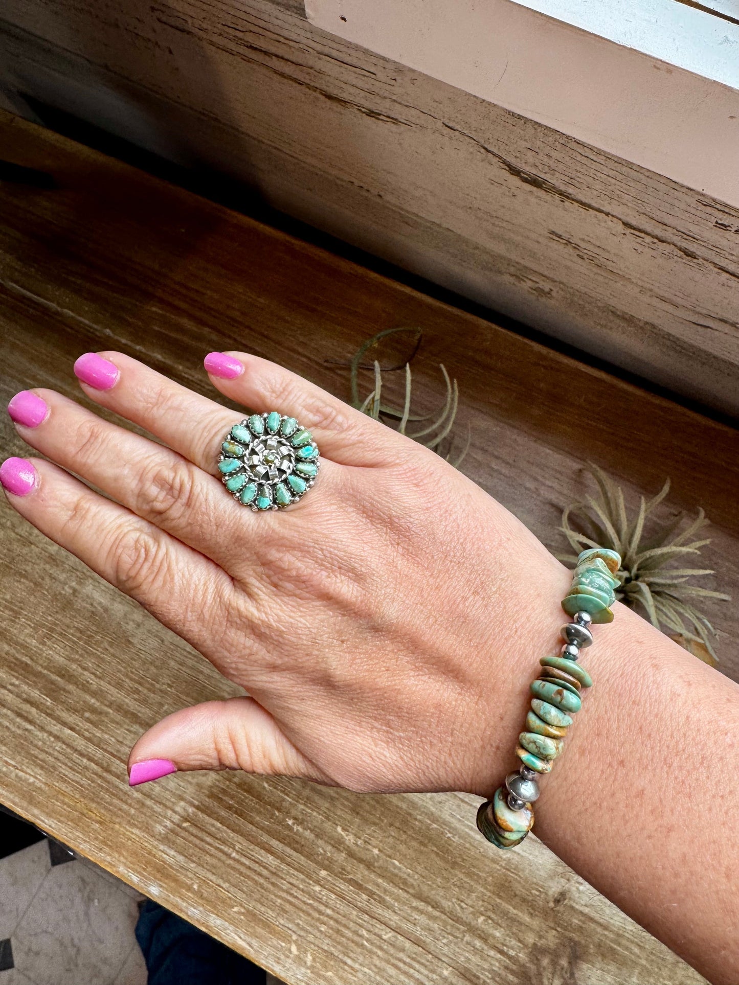 Green Turquoise Chip Bracelet with Sterling Silver Saucers & Chain