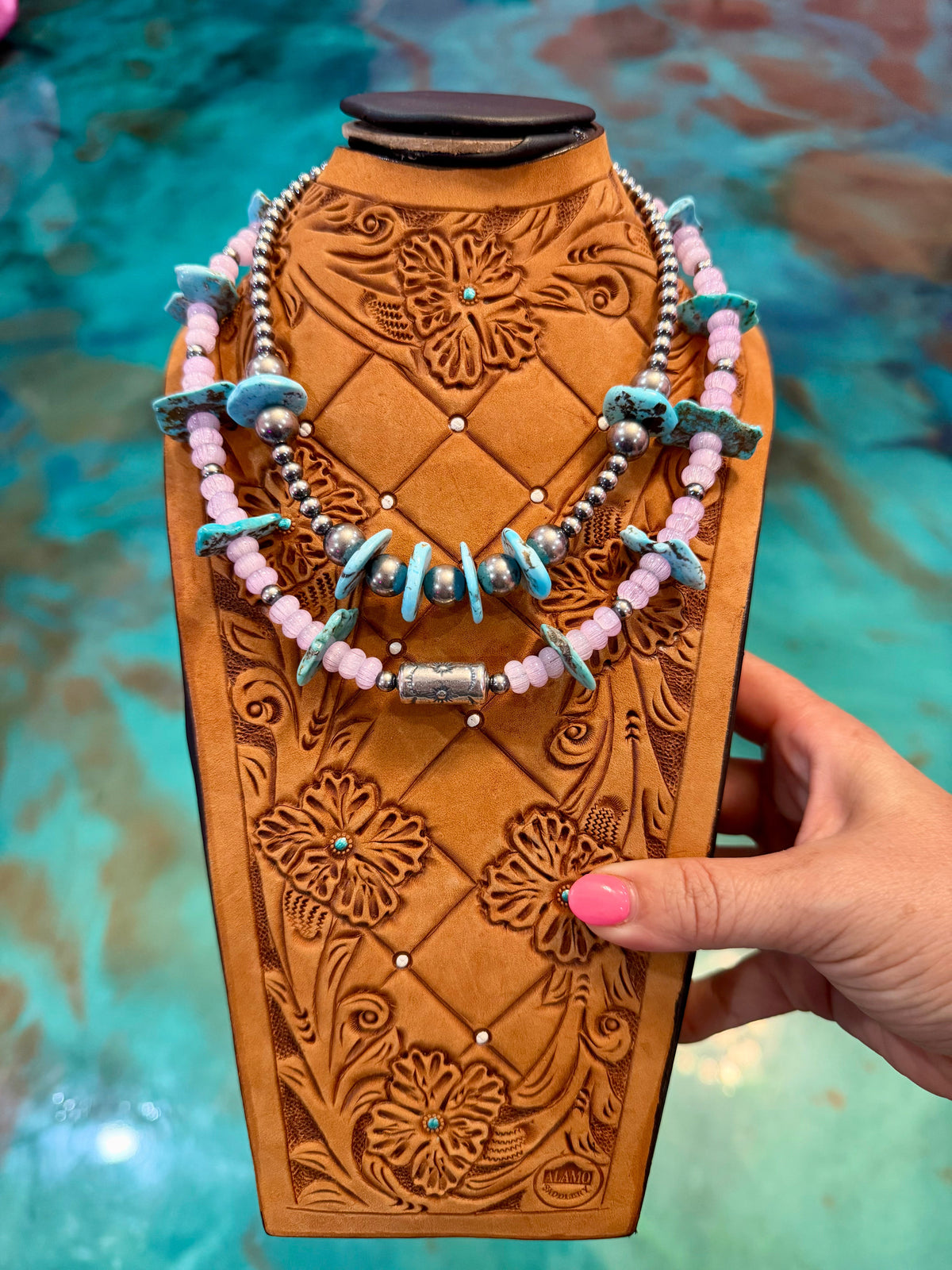 One Time Pieces – Blue Turquoise & Pink Glass Bead Necklaces
