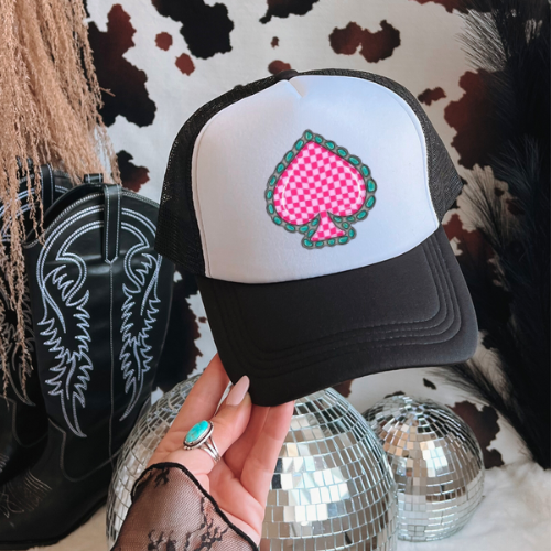 Pink checkered spade western trucker hat