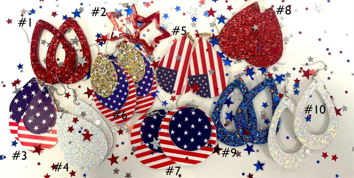 Patriotic Red White Blue Glitter Leather Earrings