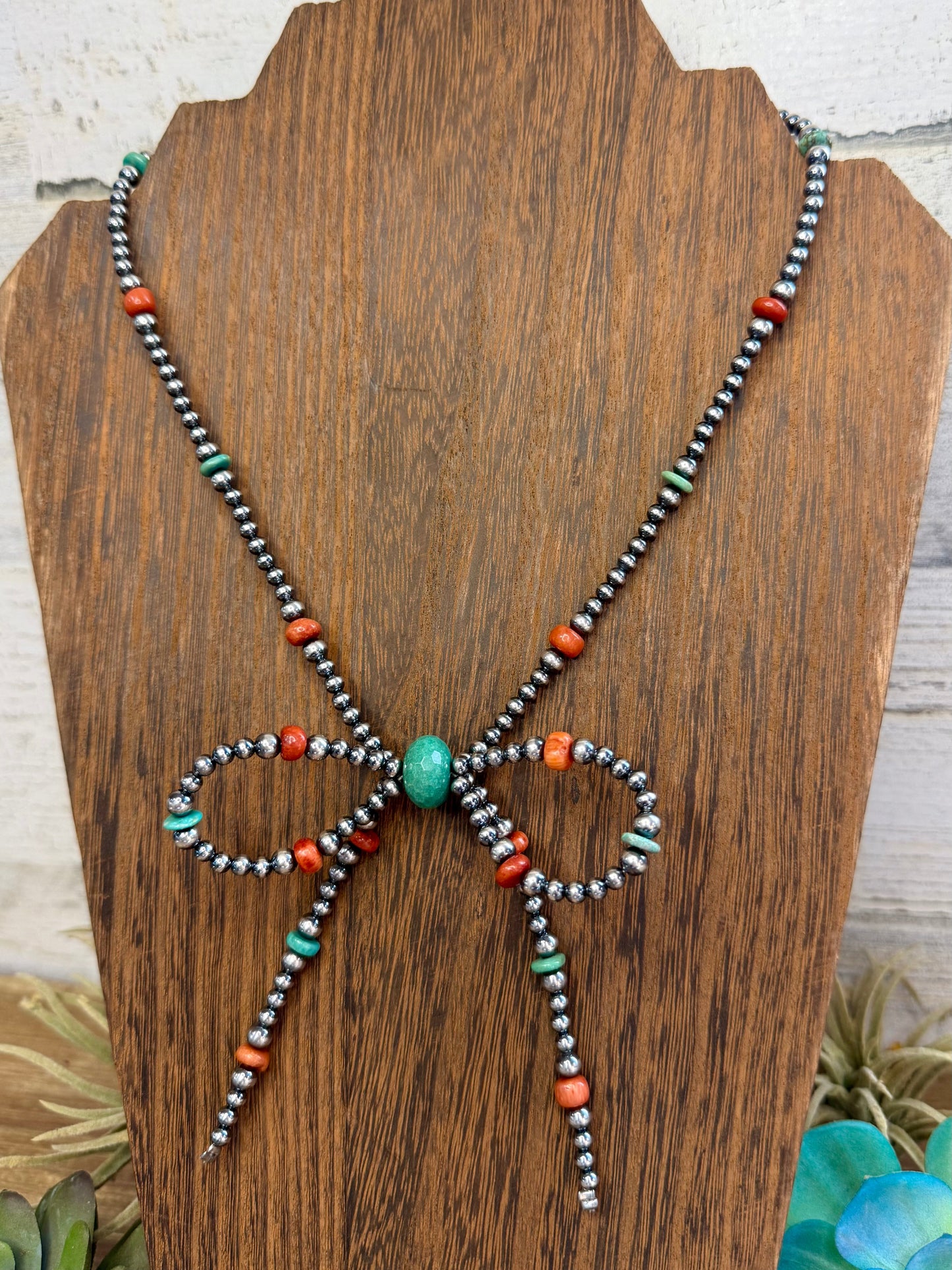 Sterling Silver Pearl “Bow” Necklace – 19” + 2” Extender – 4 mm & 5 mm Pearls with Turquoise & Dyed Coral