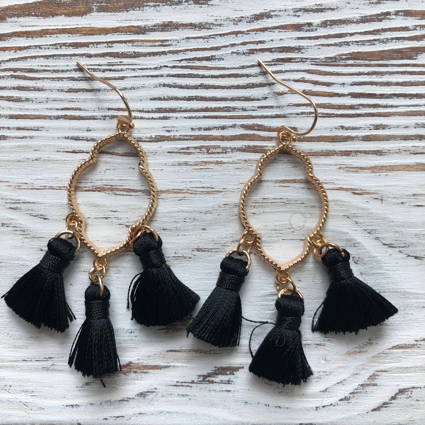 Black Ava Gold Tassel Drop Hoop Earrings