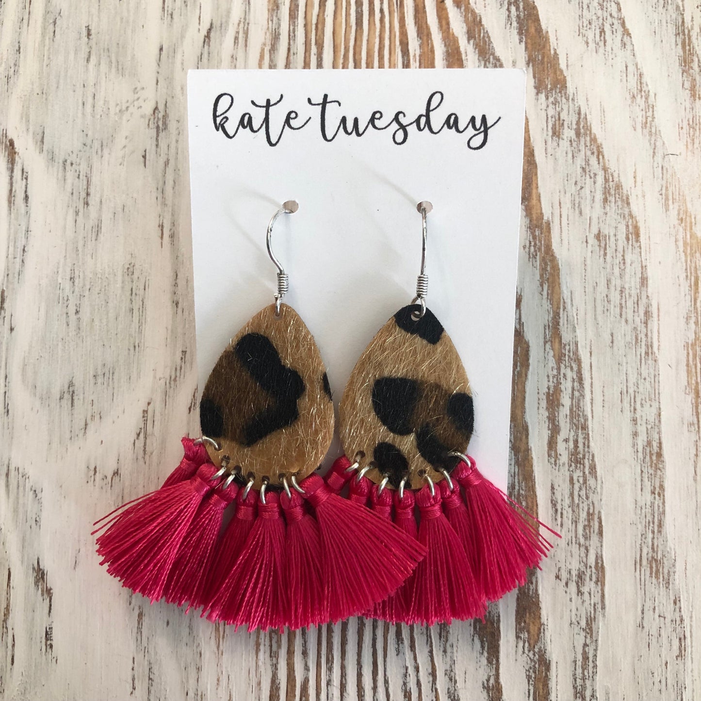 Hot Pink Fuchsia Fall Cheetah Tassel Earrings