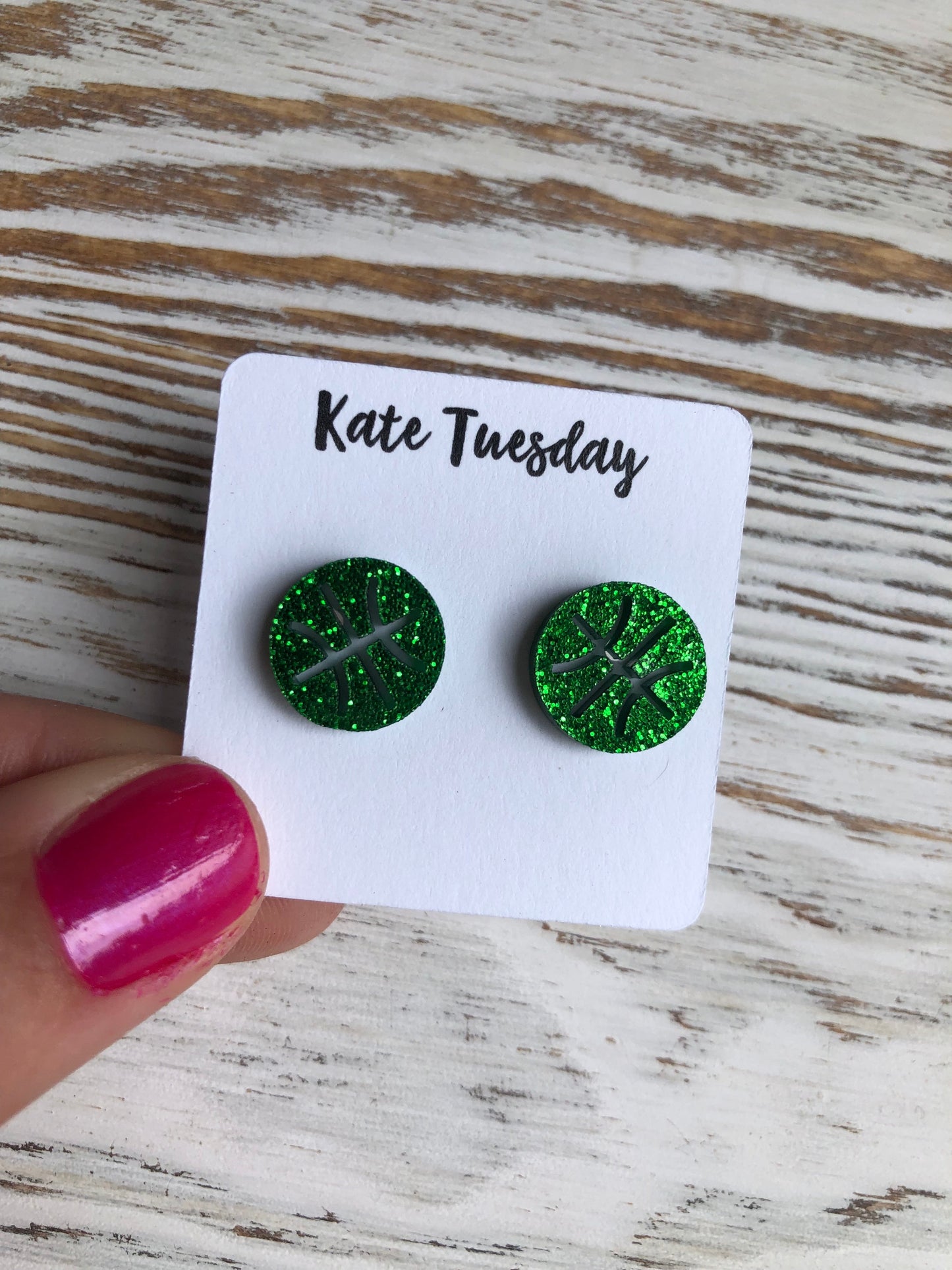 Green Baseketball Sparkly Stud Acrylic Earrings