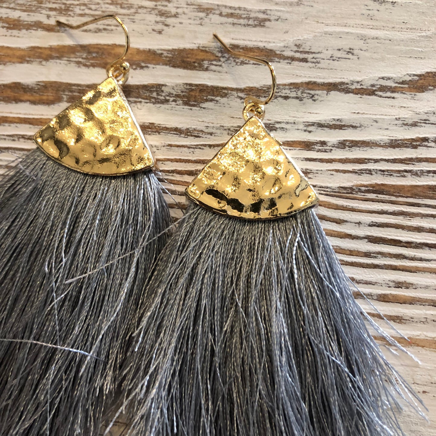 Grey Feathery Gold Hammered Earrings