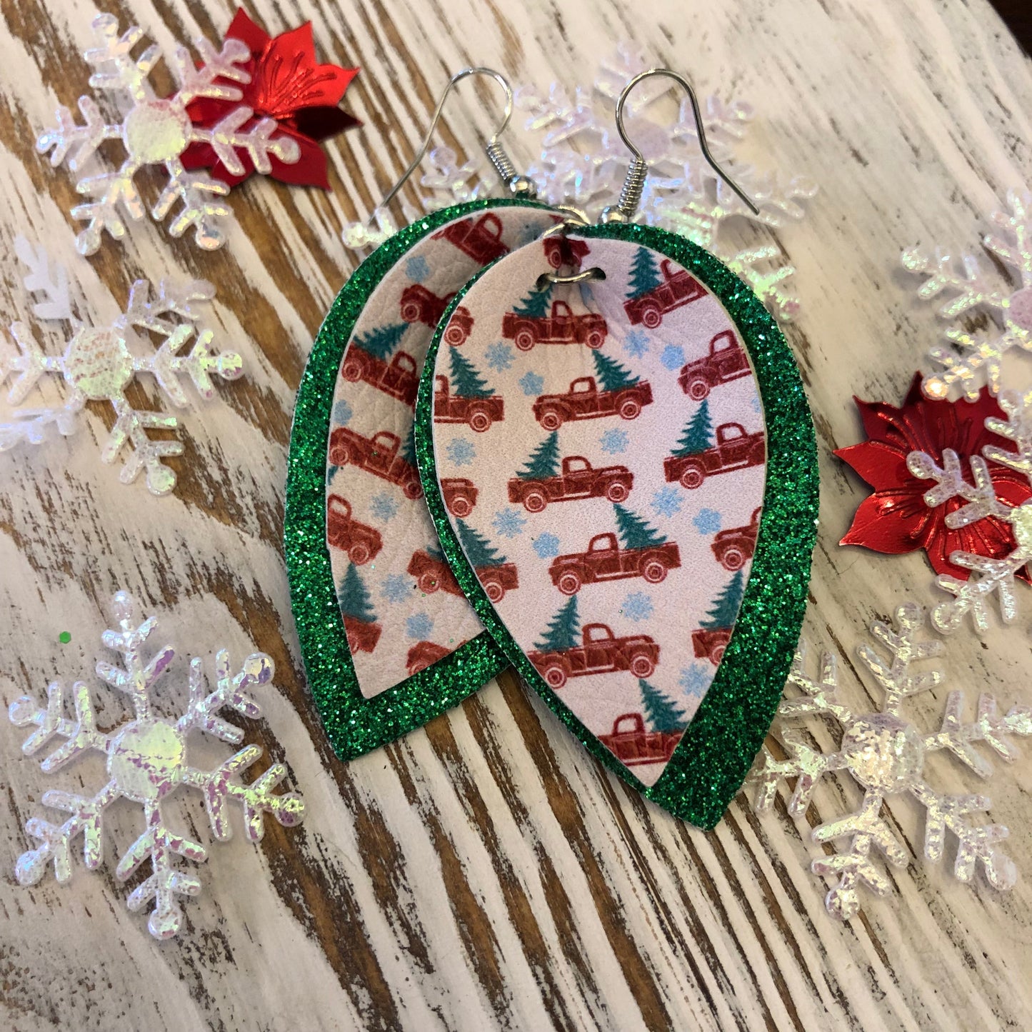 Layered Green Sparkle Red Trucks Holiday Leather Hang Earrings