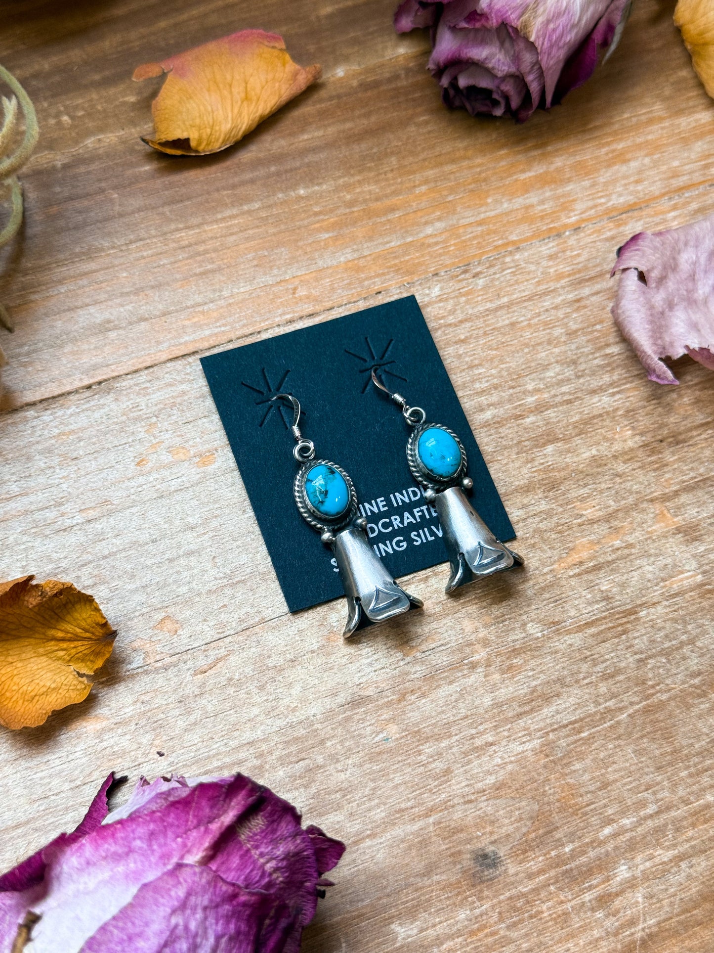 Sterling Silver Blossom Dangle Earrings with Kingman Turquoise
