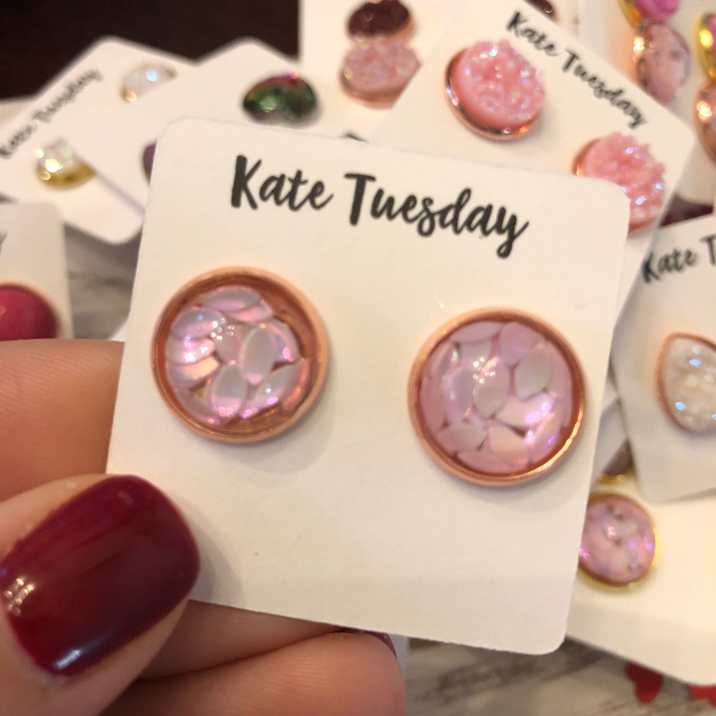 Pink Leaf Glitter Sparkly 12mm Earrings