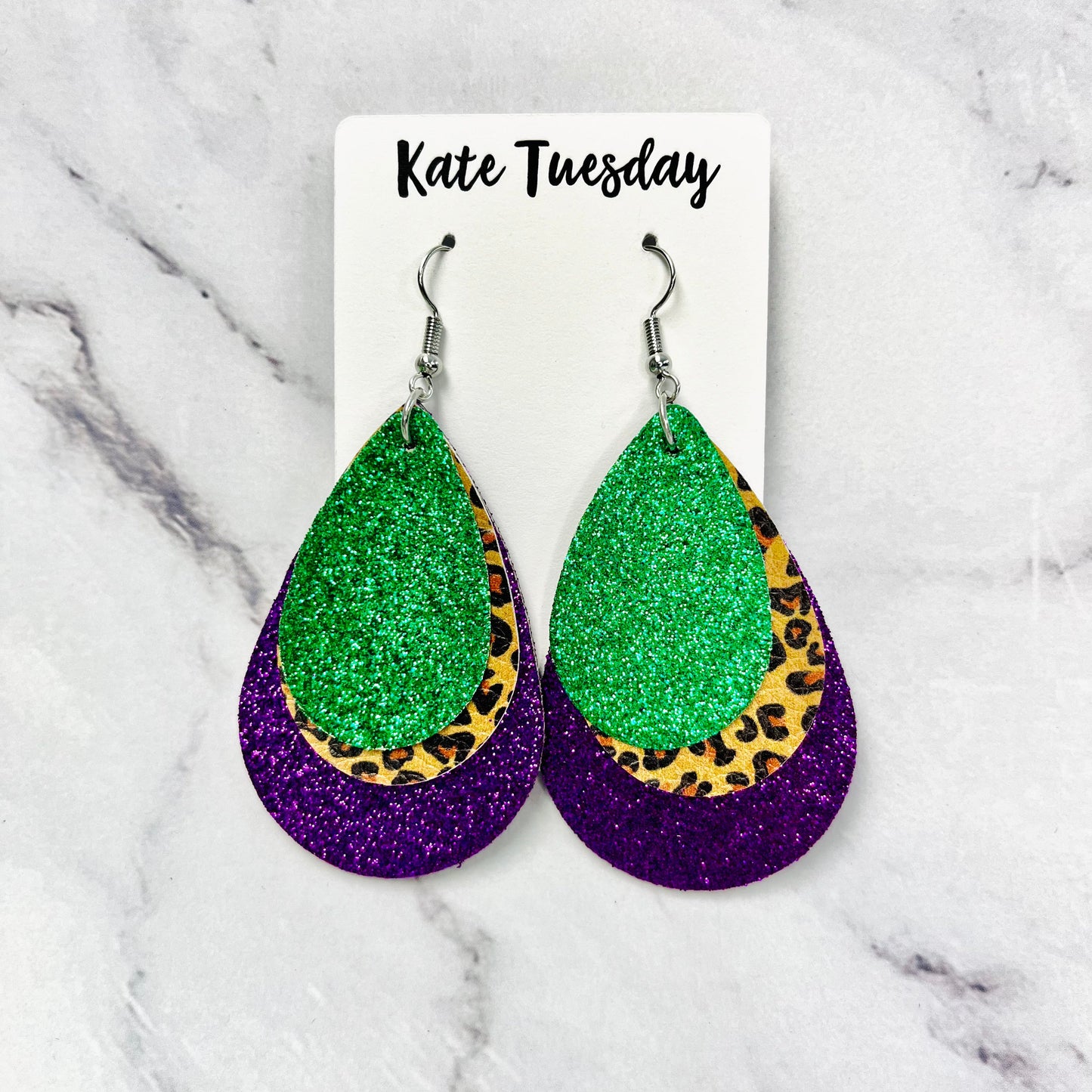 Purple or Green Cheetah Layered Glitter Hanging Leather Earrings