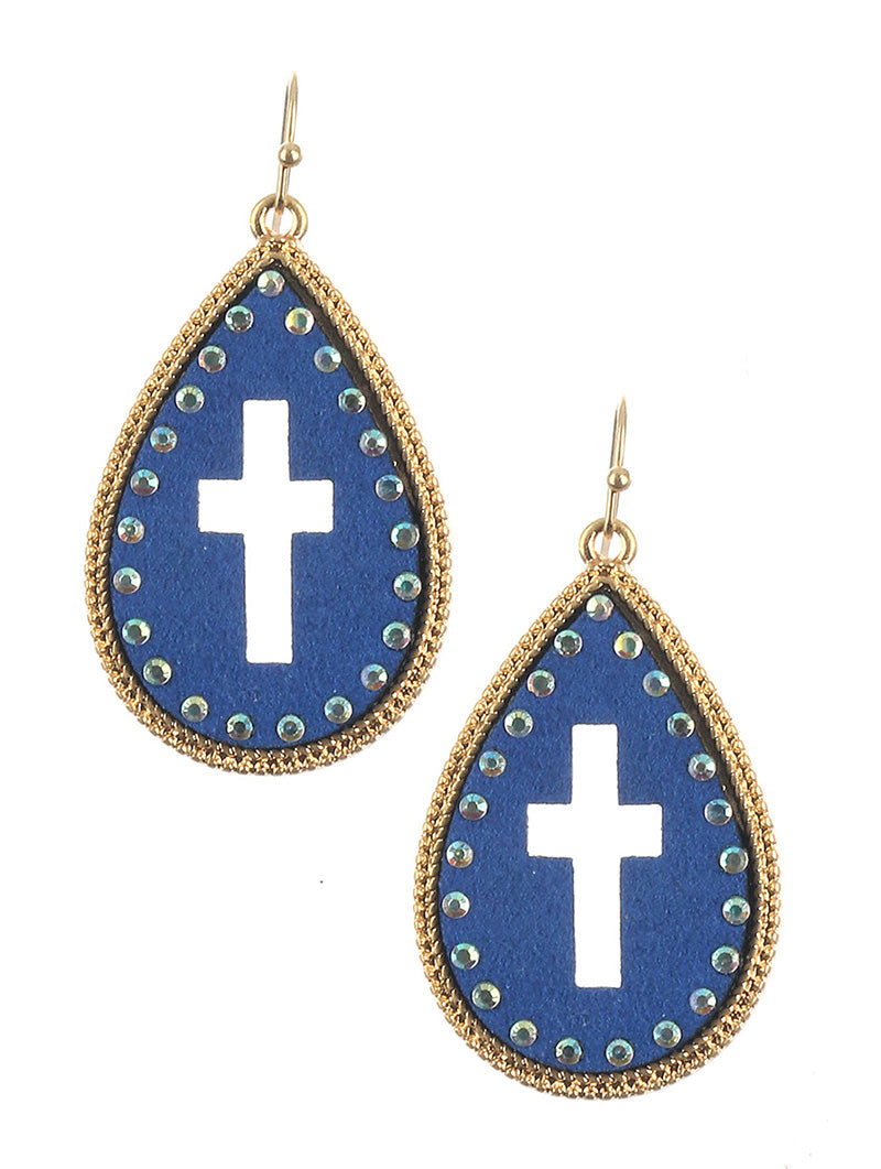 Cross Studded Leather Teardrop Earrings Blue