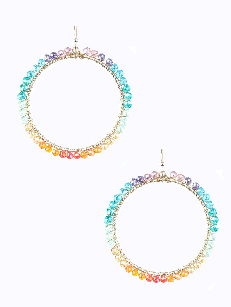 Rainbow Bead and Wire Hoop Earrings