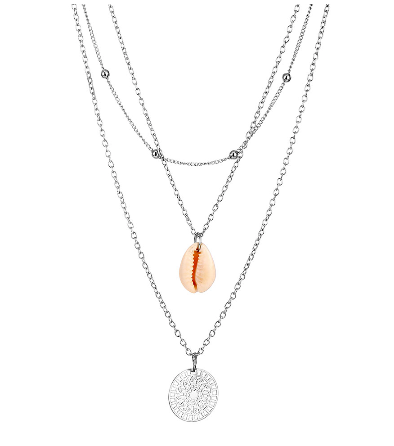 Three Layer Bohemian Boho Silver Shell Coin Necklace