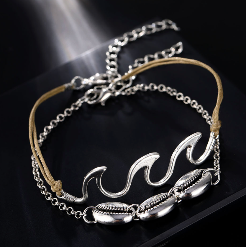 Silver Wave Shell Anklet or Bracelet Set