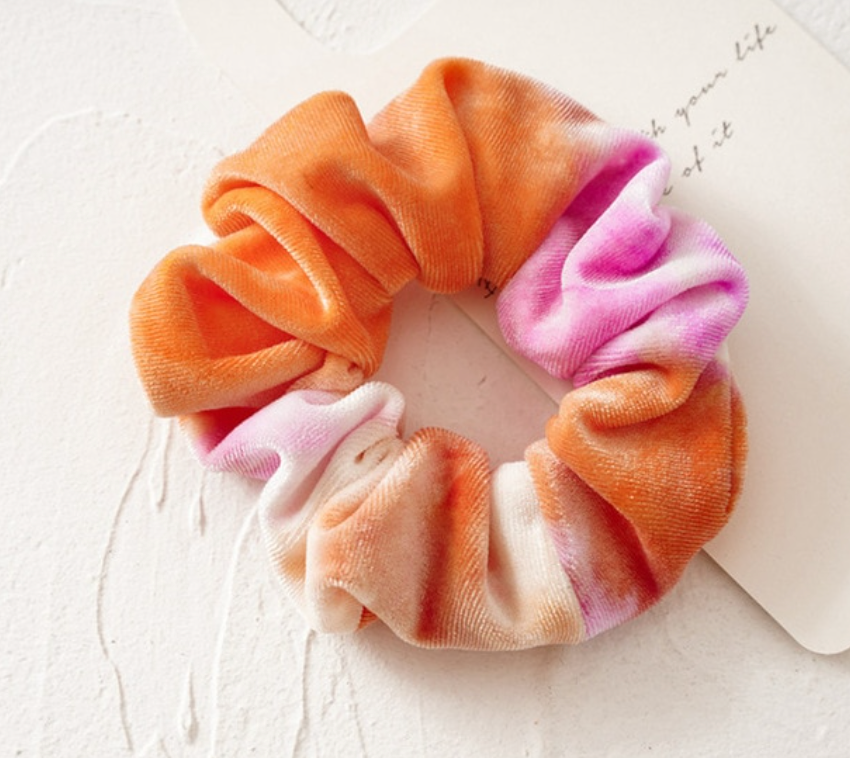Orange Pink Tie Dye Velvet Summer Neon Scrunchie