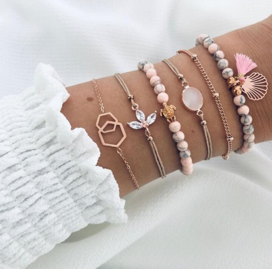 Pink Gold Shell Beaded Bracelet Set