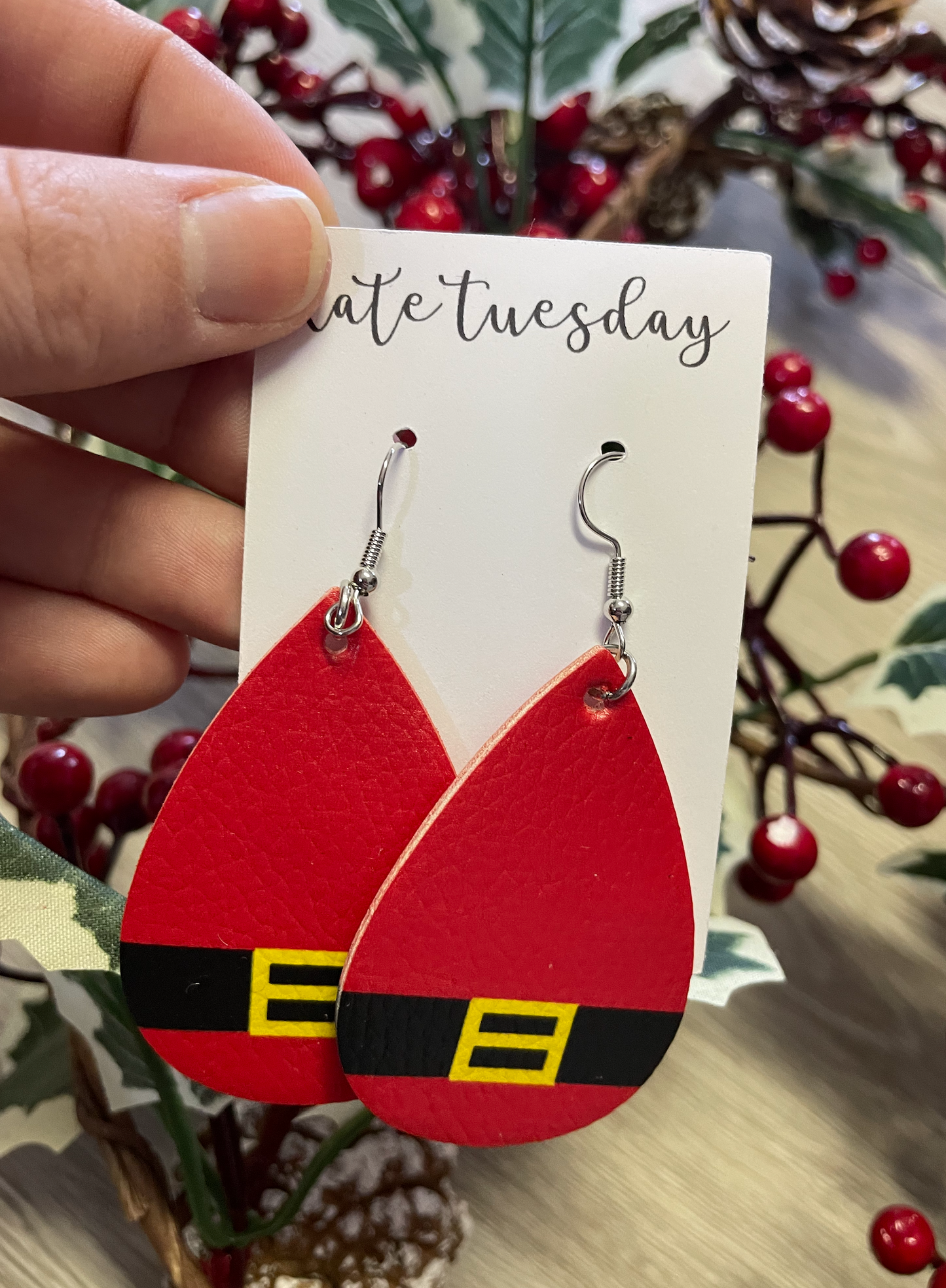 Red Santa Belt Faux Leather Earrings