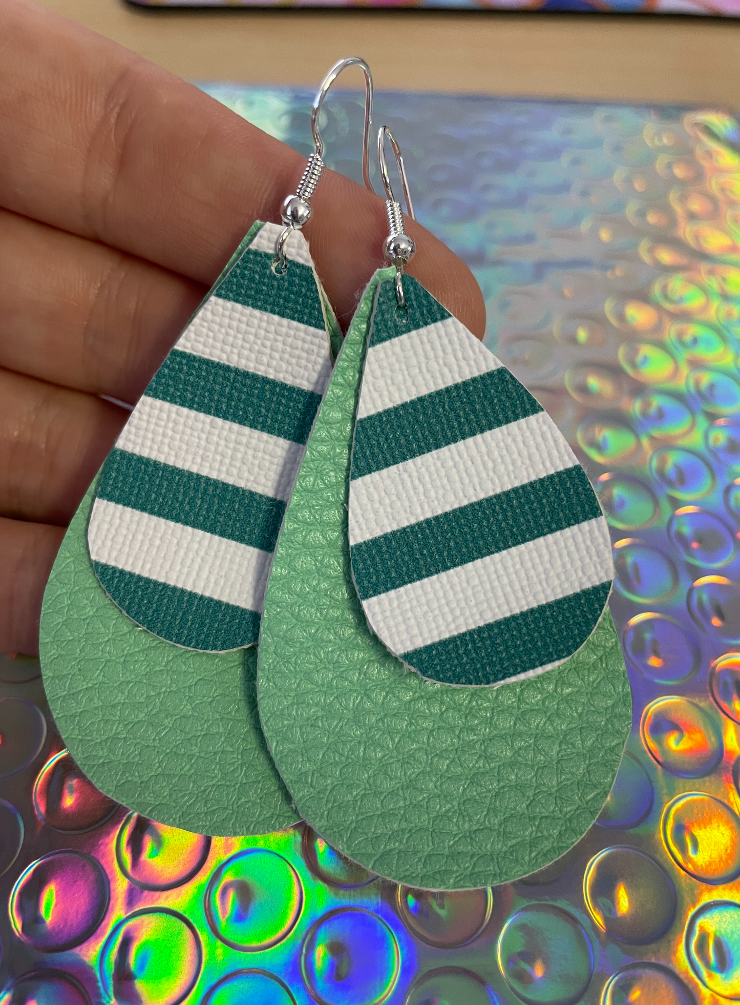 Holiday Sale Leather Earrings! Green Stripe