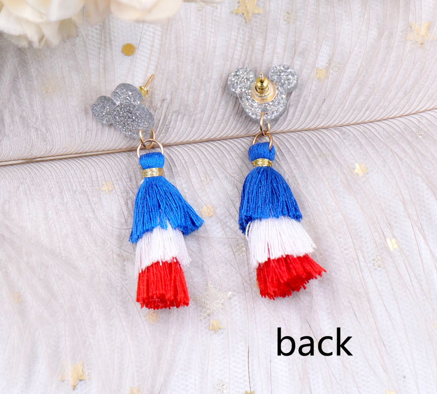 Red White Blue Patriotic 4th of July Mouse Hanging Tassel Earrings