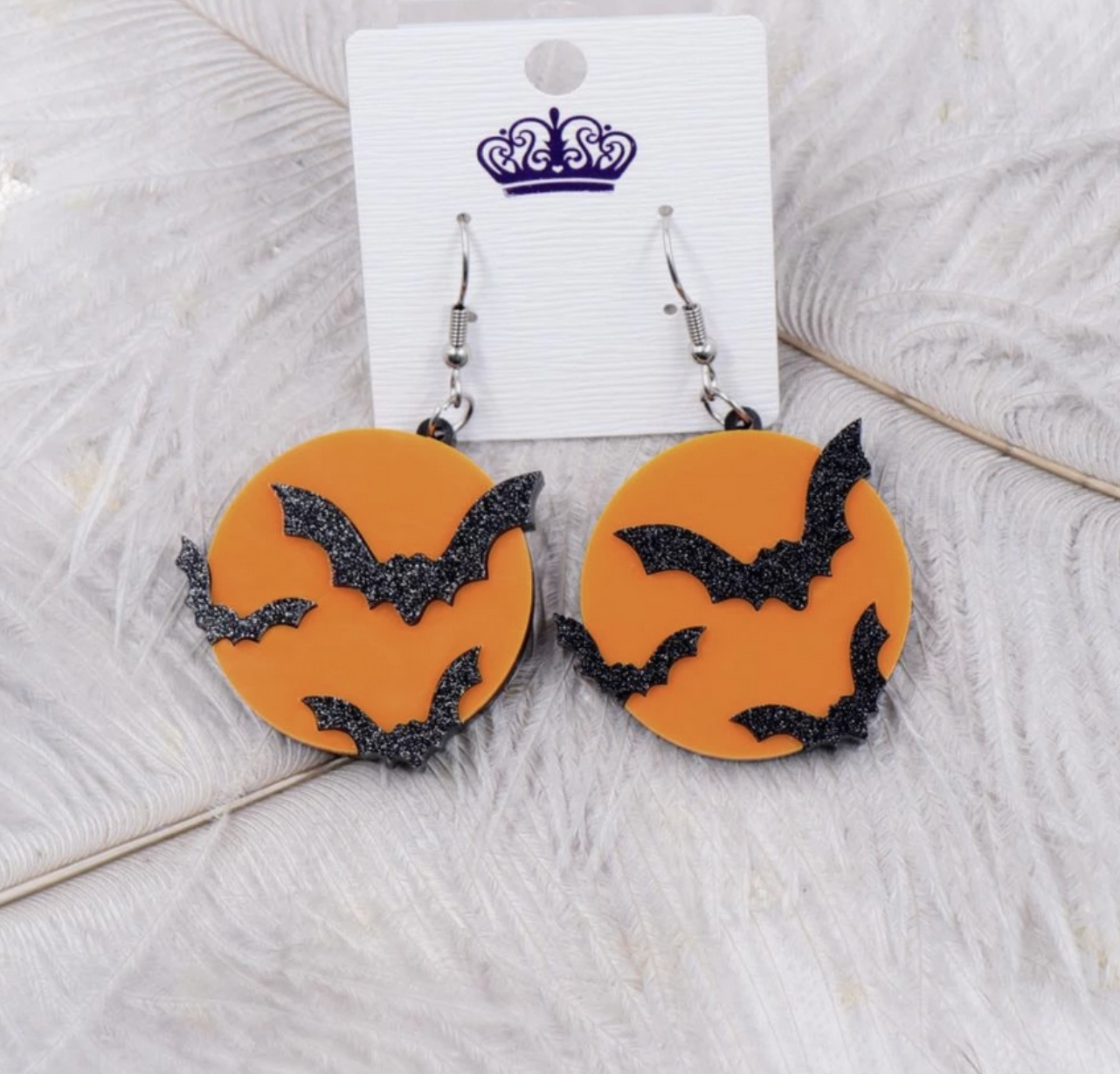 Orange Black Glitter Round Halloween Earrings