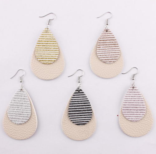 Striped Leather Glitter Hang Earrings Pink