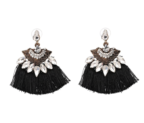 Black + White Gem Fringe Tassel Hang Earrings