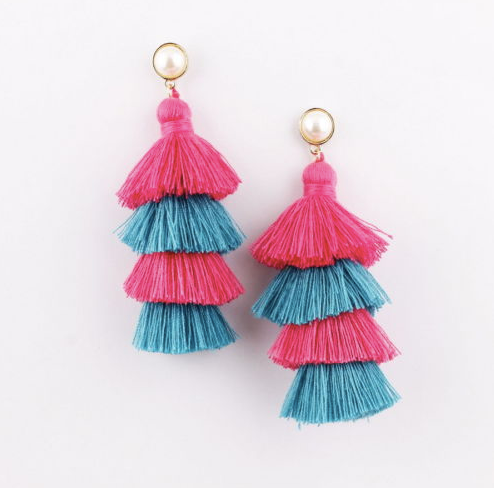 Aqua Hot Pink Tassel Pearl Stud Earrings