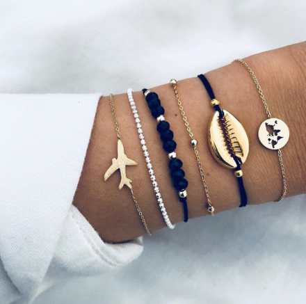 Summer Shell Plane Beaded Black Gold Bracelet Set