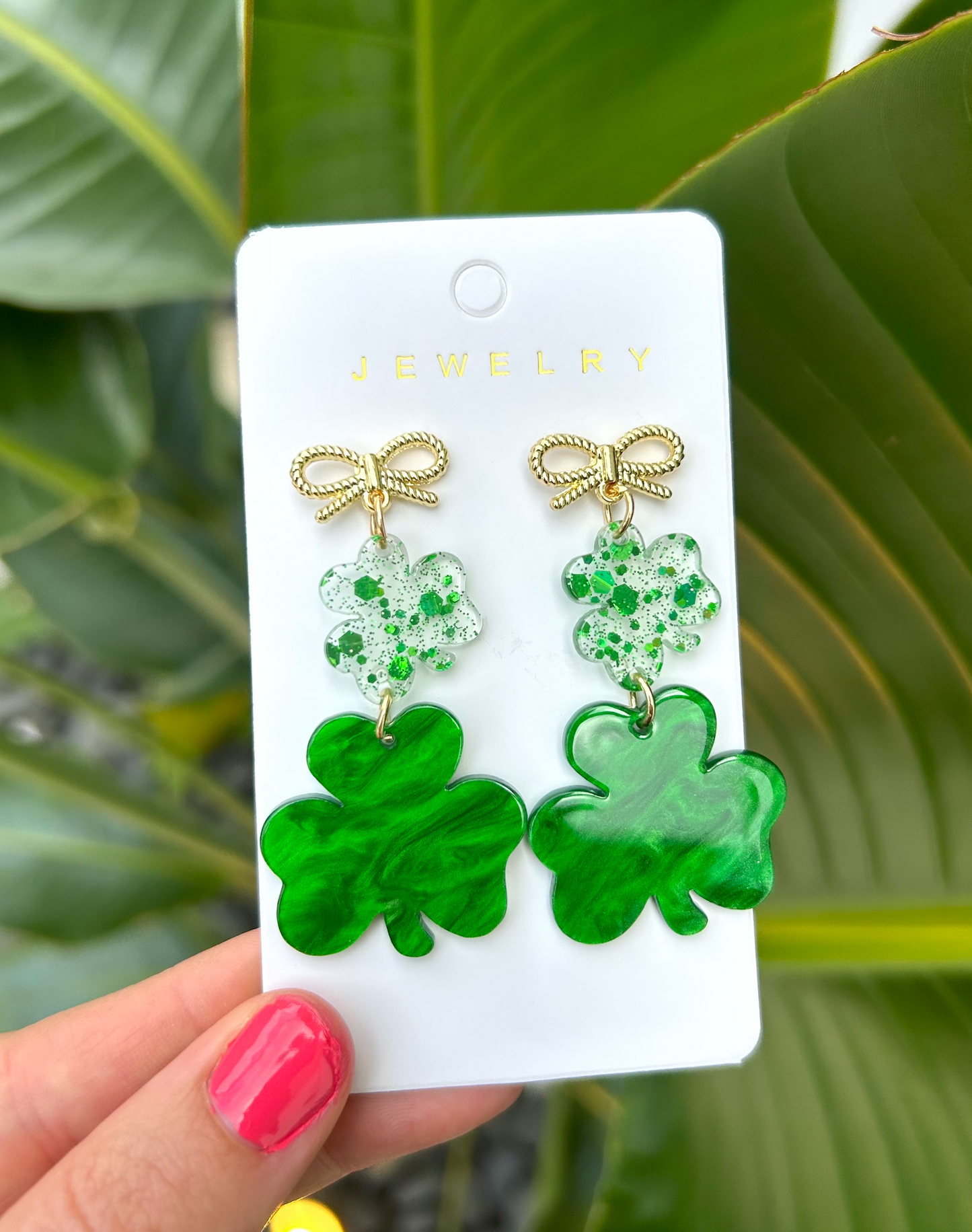 Glitzy Gold Bow Shamrock St. Patricks Day Earrings