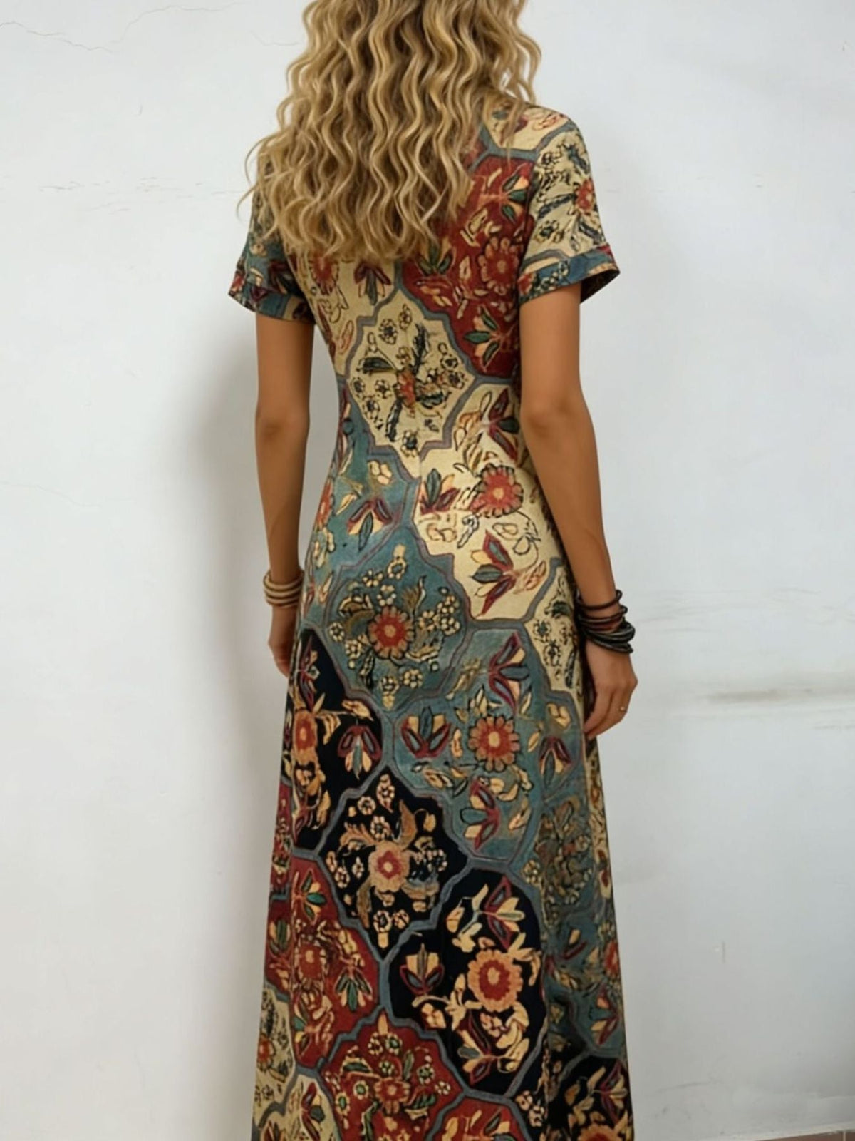 Printed V-Neck Short Sleeve Midi Dress (XXL)
