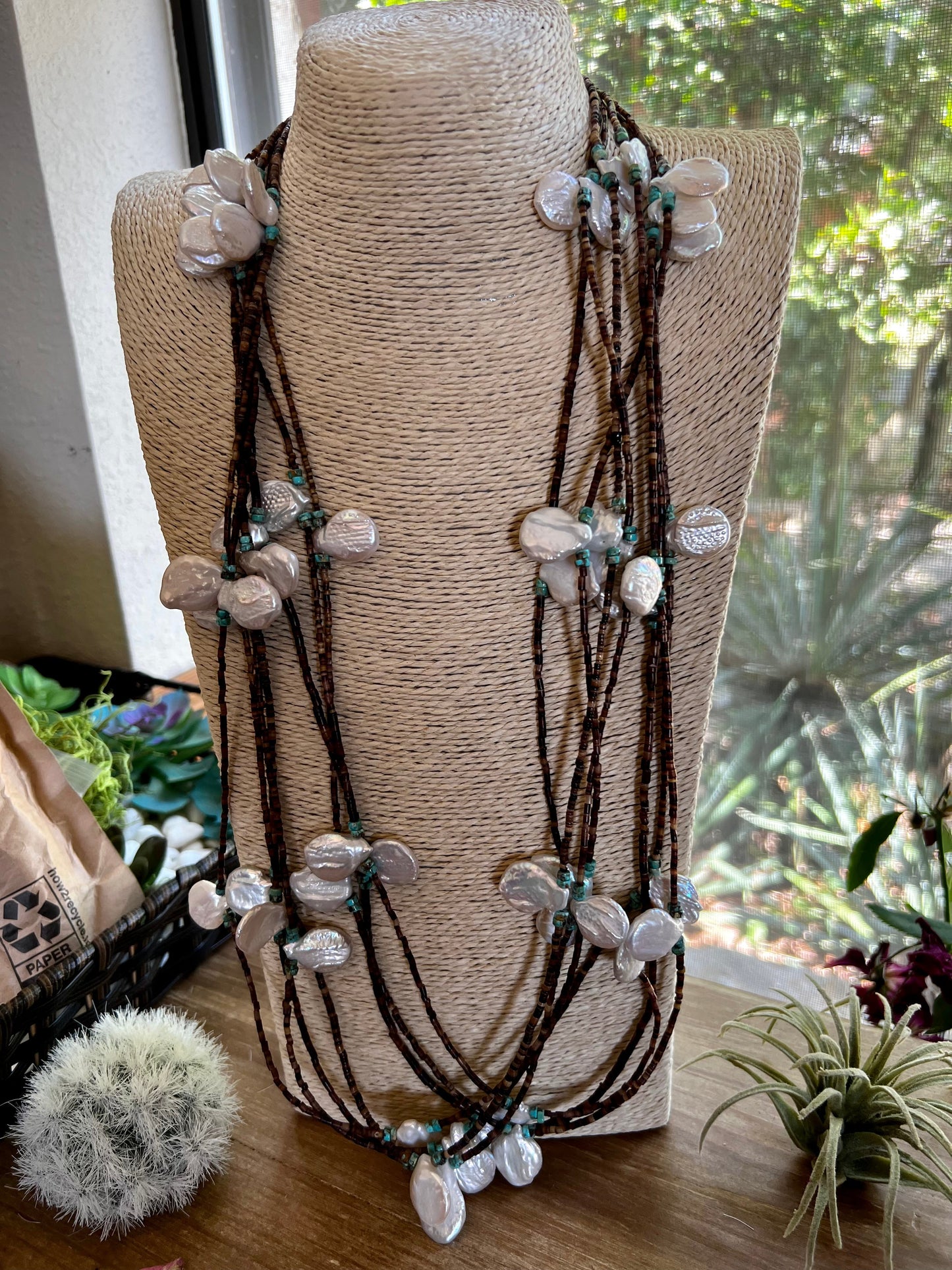 38 inch Freshwater Pearl & Turquoise Heishi Necklace