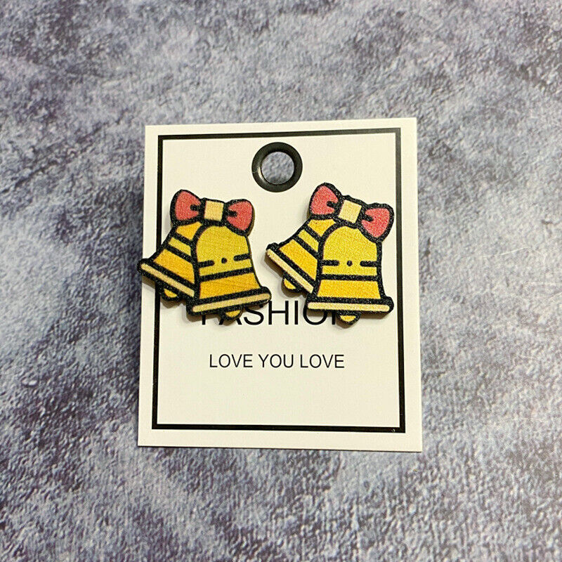 Golden Wood Bell Holiday Stud Earrings