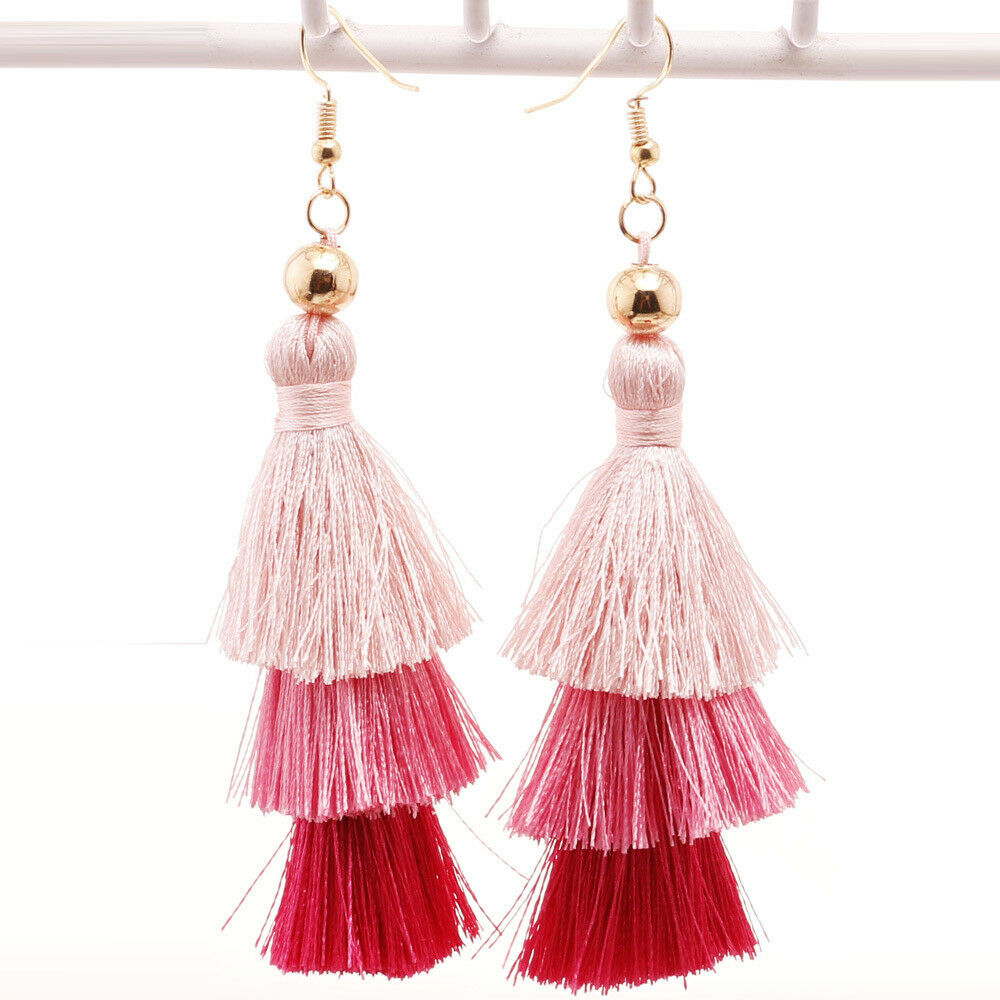 3 Layer Hot Pink Tassel Earrings