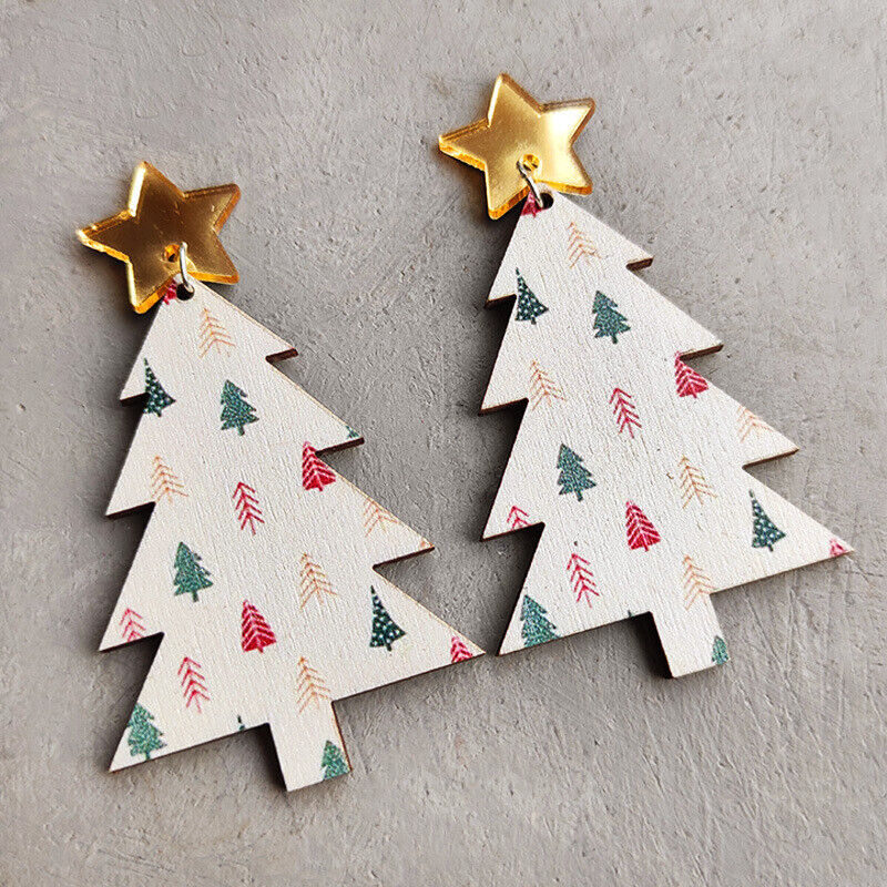 White Tree Holiday Wood Earrings