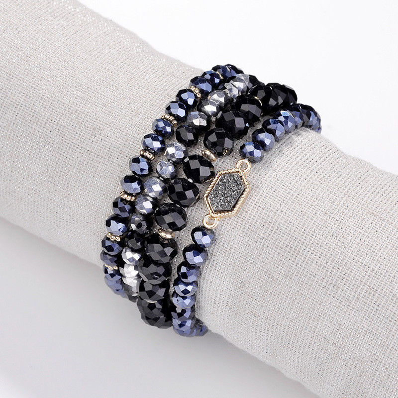 Black Gun Metal Druzy Stretchy Bracelet Set